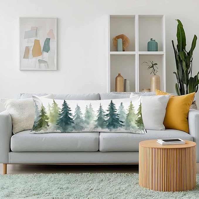 Couch Pillows Decorative Body Pillow Cover Watercolor Forest Fir Trees Rectangle Body Pillowcase for Men Women, Winter Body Pillow Covers 20" X 54" Cushion Cases for Sofa Bed, Green