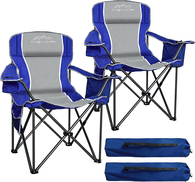2PCS Folding Camping Chair Portable Outdoor Heavy Duty Padded Chairs Lawn Chair with Cup Holder, Storage Pocket and Cooler Bag, Supports 480LBS Blue