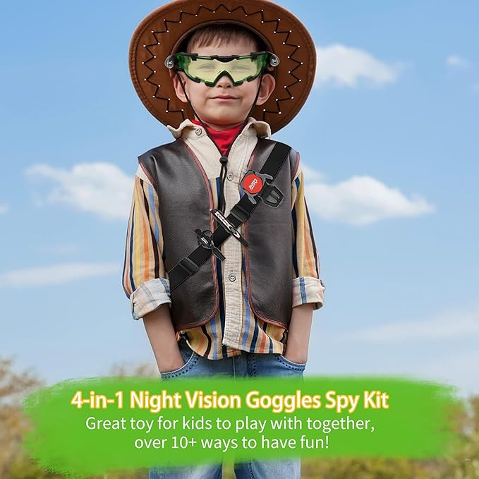 Kids Night Vision Goggles Spy Kit, 4 Pcs Spy Gear Toys Set, Cool Night Mission Goggles with Flip-Out Light/Invisible Ink Pen/Ear Light/Frisbee Shooter, Gifts for Kids 5-12 Boys Girls