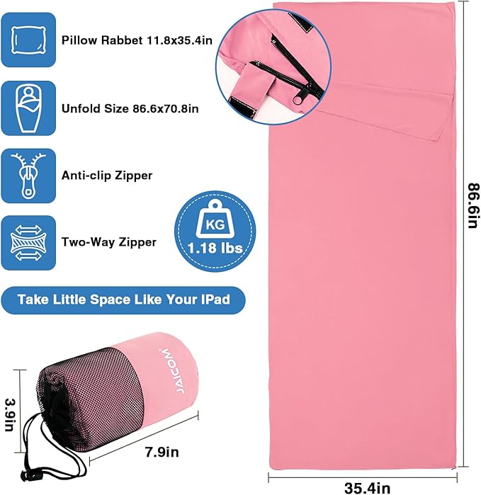 JAICOM Sleeping Bag Liner, Travel Sheets & Adult Sleep Sack, Ultralight and Portable Summer Sleeping Bag - Ideal for Backpacking, Hotels and Hostels, Business Trips, Camping