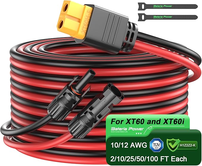 Solar Connector to XT60 Adapter Extension Cable, Charge Cable for RV Solar Generator, Portable Power Station (25FT-7.62M 12AWG)