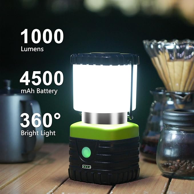 Jarxin 2PCS 6500K White Light LED Camping Lantern Rechargeable 1000LM, 4500mAh Power Bank, Flashlight for Hurricane Emergency, Hiking, IP44 Waterproof Lantern(Green)