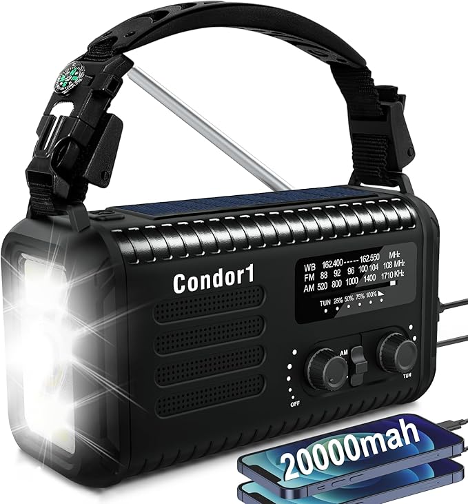 NOAA Weather Radio 20000mAh Battery Powered｜Solar Hand Crank Emergency Radio AM/FM｜USB-C Charger｜SOS Alarm｜Flashlight & Reading Lamp｜Hurricane Storm Power Outage Survival Emergencies (Black)