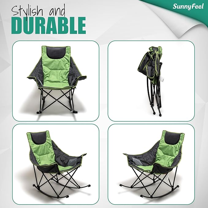 SUNNYFEEL Oversized Rocking Camping Chair, Fully Padded Patio Chair with Side Pocket, High Back Portable Lawn Recliner with Headrest, Outdoor Camp Rocker Chairs for Adults Heavy Duty 500 LBS Carry Bag