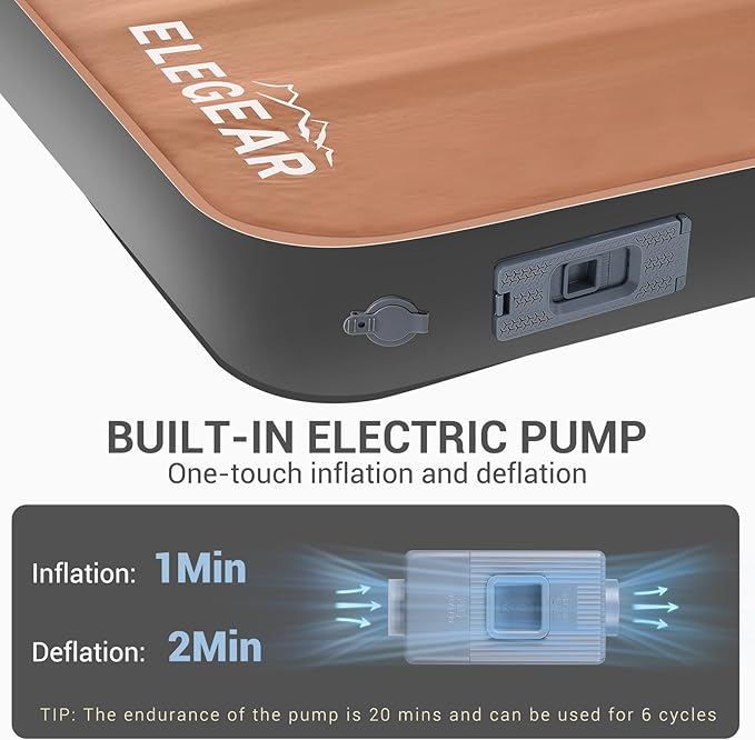 Elegear CumbreX™ Air & Foam Self Inflating Sleeping Pad, Built-in Electric Pump 4" Ultra-Thick Memory Foam Camping Mattress with Pillow Camping Pad 4-Season R-Value 9.5 Camp Mat (Khaki,Single)