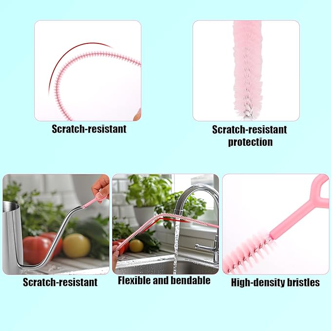 6pcs Straw Cleaner Brushes for Stanley, 31.5cm/12.4in Extra Long Full Bristles Coverage Reusable Straw Brush Cleaning Accessories for Bottles Glass Pipe Sippy Cup(Pink)