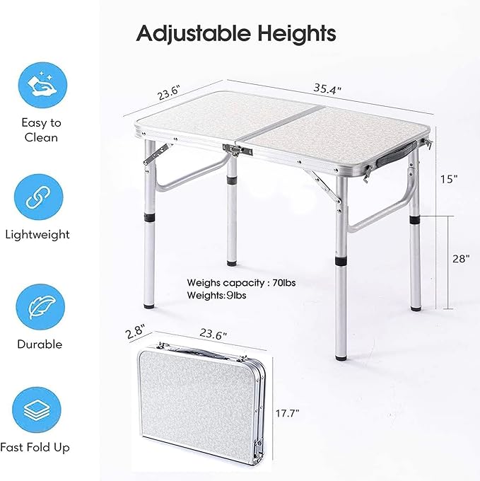 YUFIFAIRY Aluminum Camp Table, Folding Table Portable,Lightweight,Foldable with 2 Adjustable Height, Indoor Outdoor Table for Cooking, Picnic, 2 Heights, 36''L x24''W
