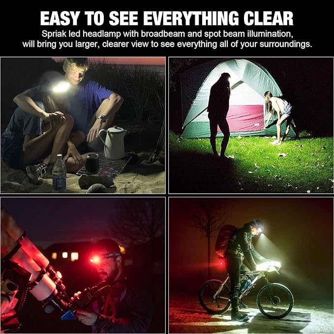 LED Headlamp, 1000lumens 230° Widebeam Headlight, USB Rechargeable HeadLamp with Red Taillight, Lightweight Waterproof Headband Light for Camping Running Hiking, Hard Hat Headlamp 6Packs