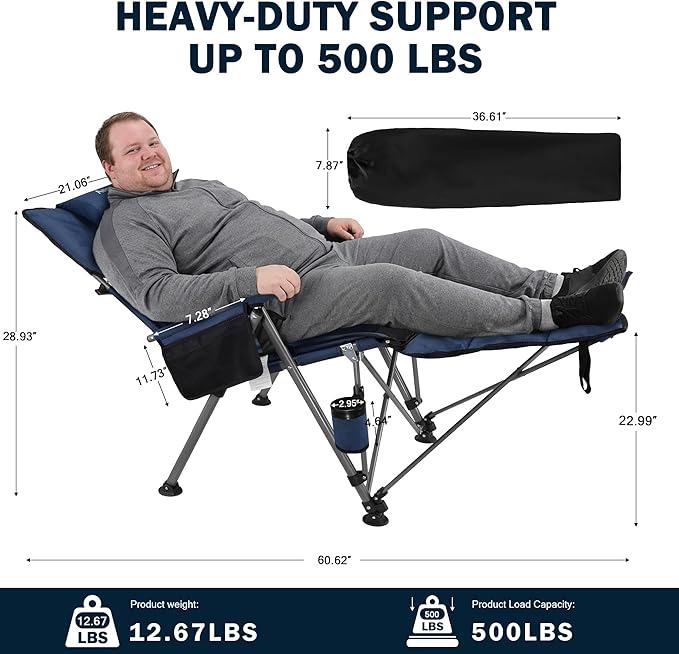 Folding Camping Chair for adults-3-in-1 Heavy Duty Foldable Camp Chair with Detachable Footstool, Padded Pillow, Cup Holder & Carry Bag,5-Speed Adjustable,400 LBS Capacity