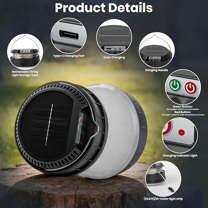 Solar Camping String Lights, 32.8 FT String Light with 13 Modes, 4 in 1 Waterproof Camp Lamp, Solar/Type-C Powered, Hanging Rechargeable Tent Lantern for Camping, Patio & Party (Black)