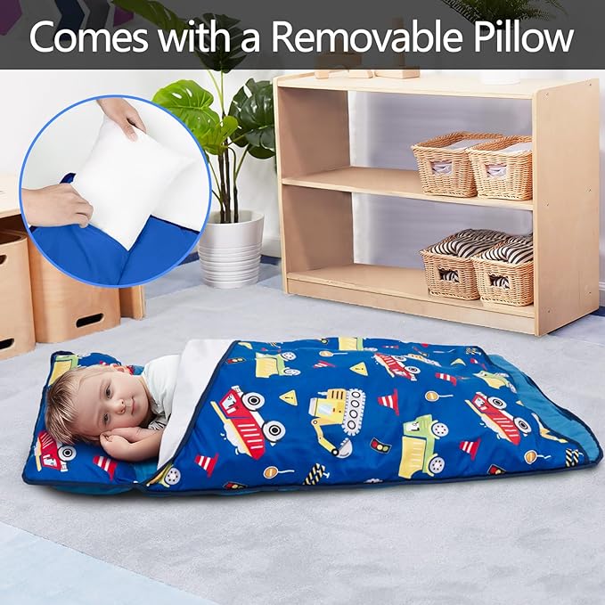 Primlect Lightweight Toddler Nap Mat, Portable Rolled Design Perfect for Daycare Travel, 51”x31 All-in-One Sleeping Bag with Removable Pillow and Fleece Blanket for Boys Girls, Machine Washable