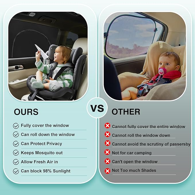 Ovege Window Shades for Back Seat - Side Window Sun Shade Breathable Mesh-Zipper Car Window Cover Screen-Camping Privacy Universal Fits Most Small and Medium Cars 2pcs (Rear Side Medium)