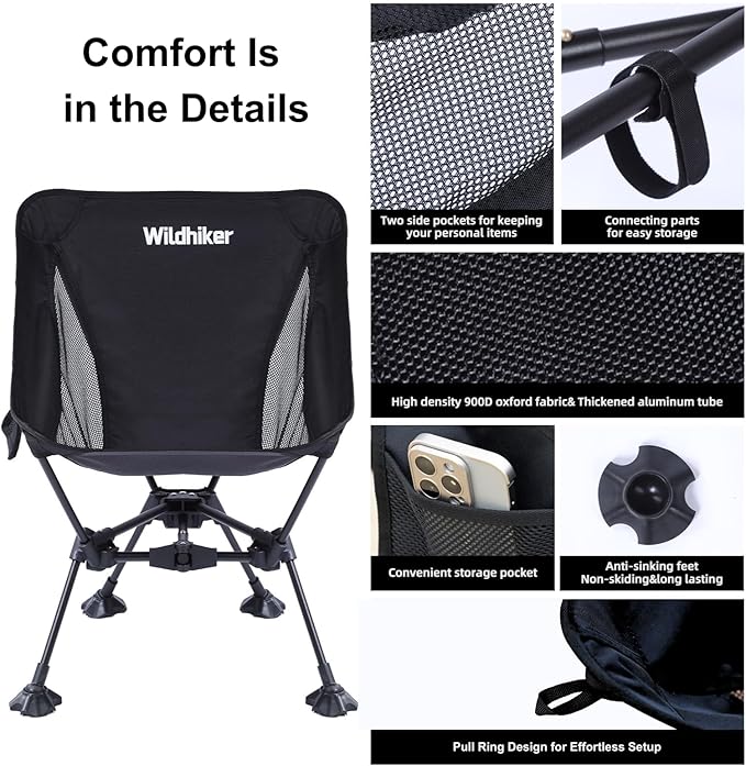 Wildhiker Ultralight Backpacking Chair – Compact Camping Chairs for Adults with Pouch, Weighs 2.8 lbs with Anti-Sinking Large Feet for Beach, Hiking, Motorcycle, Travel, Festival – Black