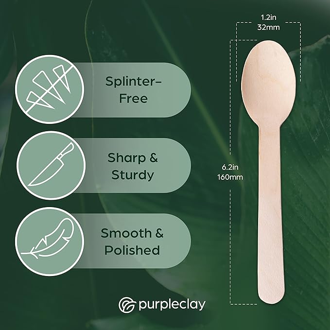 PURPLECLAY Disposable Wooden Spoons for Eating – 300 Pack Wooden Disposable Spoon, FSC Certified Wood Small Compostable Spoons, Biodegradable Wood Cutlery, Plastic-Free Utensils for Parties in Bulk