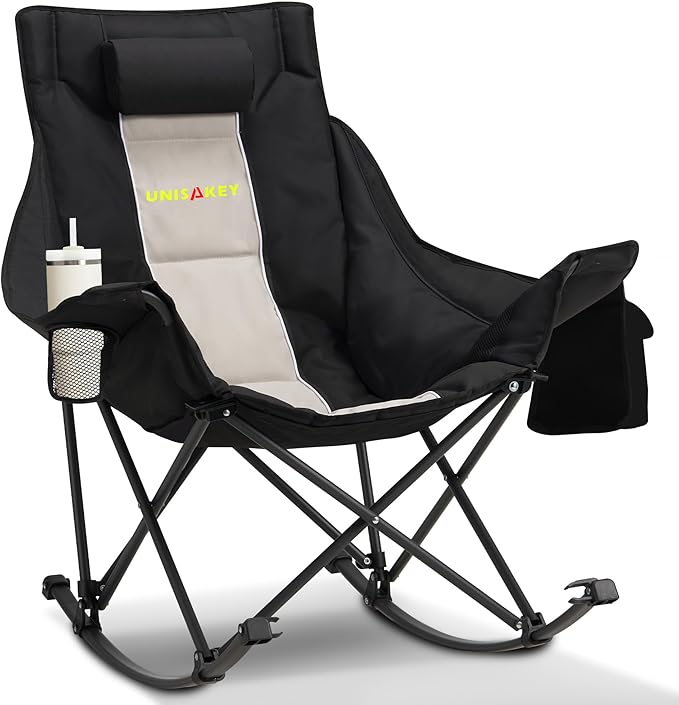 Unisakey Oversized Rocking Camping Chair with Headrest & Cup Holder - 400lbs Capacity, 600D Oxford Fabric, Easy Fold Portable Outdoor Rocker Chair for Camping, Backyard, Beach, Light Gray