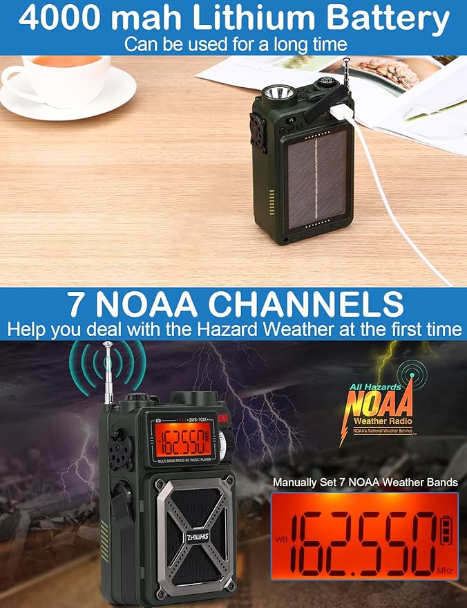 ZHIWHIS Shortwave Radio with Bluetooth, AM/FM/SW/NOAA Weather Emergency Radios, Hand Crank/Solar/4000mAh/SOS/White Noise/Bass/Flashlight/Retro Receiver with Preset, Support USB/TF ZWS-702X