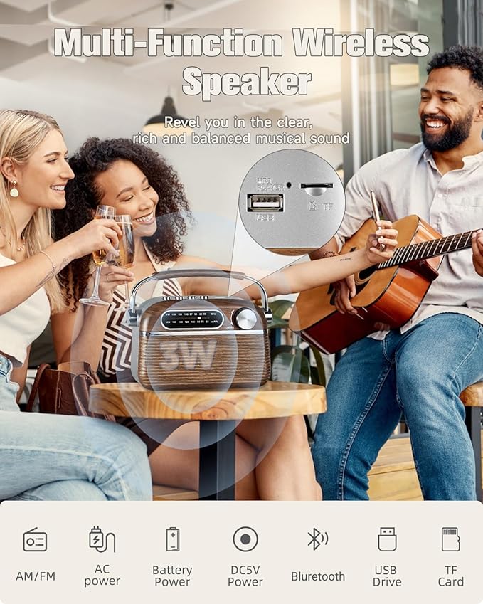 PRUNUS J-130 Retro Portable AM FM Radio AC Plug in Wall,Battery Operated/Rechargeable,Transistor Radios with Bluetooth,Vintage Wood Radio Support TF Card/USB Playing, for Dad and Mom