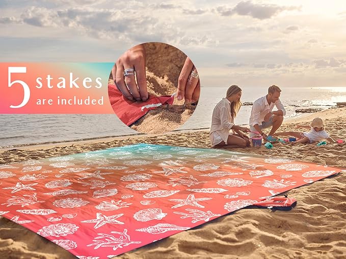 WEKAPO Beach Blanket Waterproof Sandproof Oversized, Extra Large Beach Mat Sand Free, Lightweight & Compact Sand Free Mat with 5 Stakes & 4 Corner Pockets