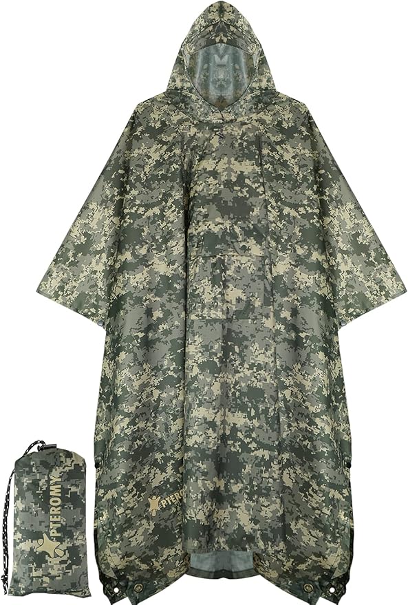 PTEROMY 3-in-1 Hooded Rain Poncho for Adult with Pocket, Waterproof Lightweight Unisex Raincoat for Hiking Camping Emergency