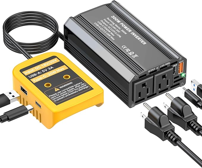 300W Power Inverter Compatible with Dewalt 20V Battery, DC 20V to AC 110V Battery Converter with 2 AC Outlets & 1 Type-C PD 65W & 1 Type-C PD 20W & 2 USB A 18W Max (Battery Not Included)