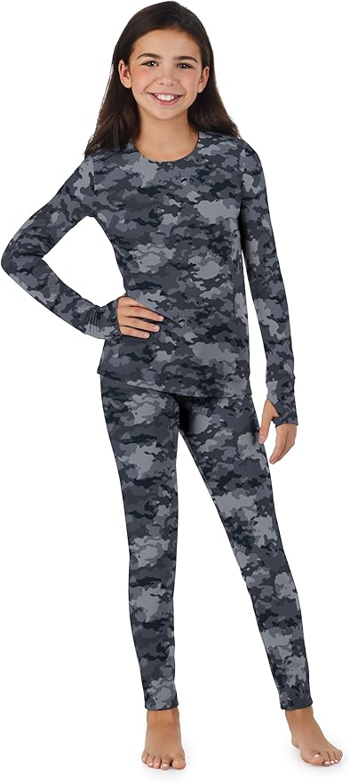 Cuddl Duds Girls Heavyweight Cold Weather Fleece Lined Thermal Set – Long Sleeve Shirt & Leggings – Long Johns for Kids