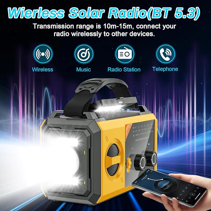 20000mAh Emergency Radio, 74000mWh NOAA Weather Radio, Wireless Hand Crank Solar AM/FM Radio with Fast Charge Rechargeable Solar Battery, Flashlight, SOS Alert, Outdoor Survival Gear Kit（Yellow）