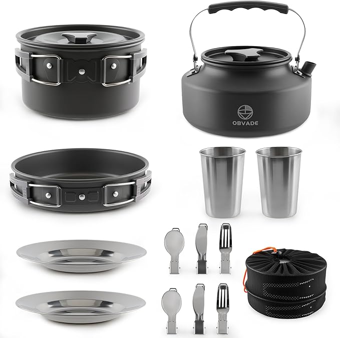17-Piece Camping Cookware Set, Lightweight Backpacking Pot & Pan Kit with Non-Stick Anodized Aluminum, 0.45Gal Pot, 0.30Gal Kettle, 2 Cups & Cutlery Sets, Compact for Hiking, Camping, Picnic