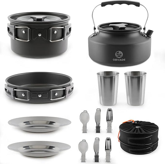 17-Piece Camping Cookware Set, Lightweight Backpacking Pot & Pan Kit with Non-Stick Anodized Aluminum, 0.45Gal Pot, 0.30Gal Kettle, 2 Cups & Cutlery Sets, Compact for Hiking, Camping, Picnic