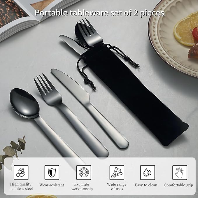 Evanda Portable Silverware Set Set of 2 Packs, Include Knife Fork Spoon, Black Titanium Plating Cutlery Set With Black Bag, For Home Kitchen Camping Travel, Dishwasher Safe