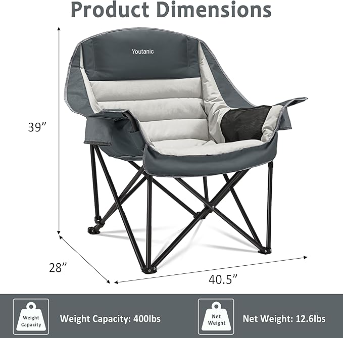 Youtanic Oversized Camping Chair, Portable Folding Camping Chairs with Side Pocket, Cup Holder and Carry Bag, Heavy Duty Outdoor Camping Chairs for Adults, Fishing, Sports, Trip, up to 400lbs, Style 8