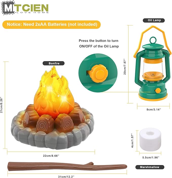 MITCIEN Camping Toys Play Set, Pretend Campfire, Play Food for Kids with Oil Lantern, Pretend Fruits Vegetables Cutting, S'Mores, Indoor Outdoor Toys for Toddler