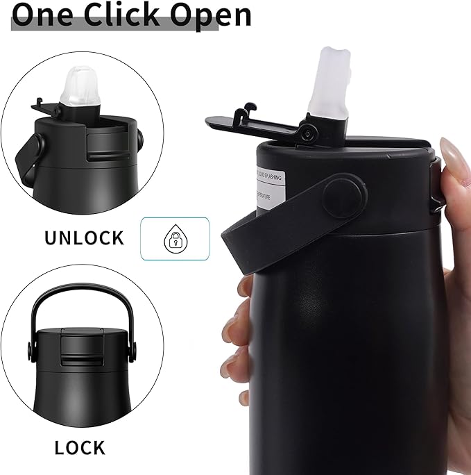 LISI 30oz Insulated Water Bottle, Double Wall Stainless Steel Water Bottles with Straw, 100% Leak-Proof Travel Thermal Canteen Mug with 2 Lids (Straw, Phone Holder Lid)