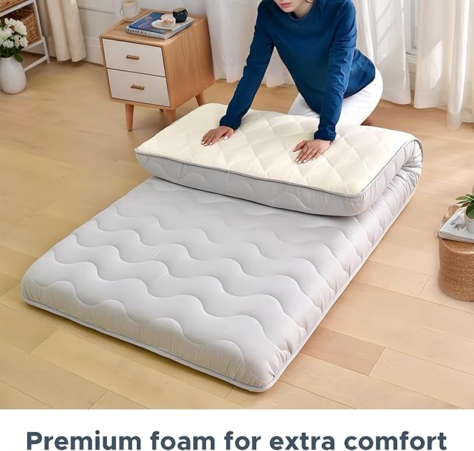 SCHNAUZER HOME Japanese Floor Mattress, 100% High Density Comfortable Foam, Foldable Tatami Mat Sleeping Pad, Ideal for Comfort and Support, Kids Floor Lounger Bed Sofa, Light Grey, Twin