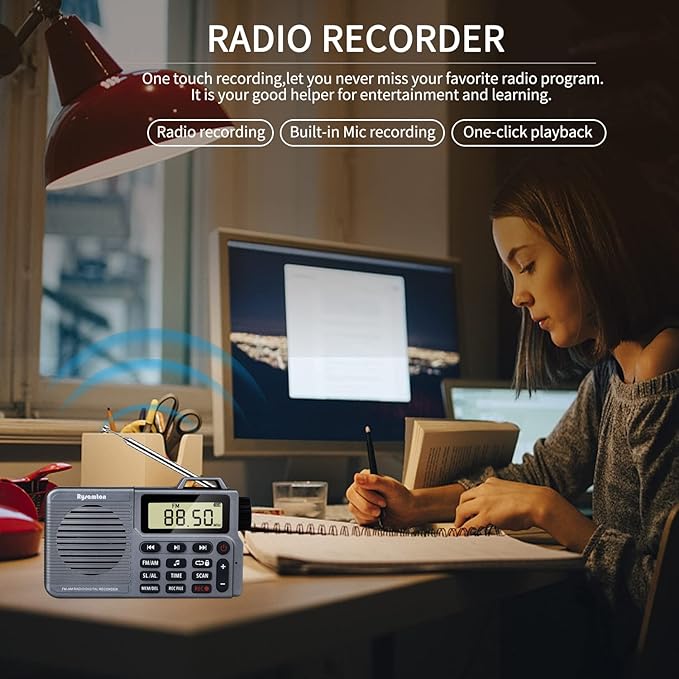 Portable AM/FM Radio, Small Pocket Radio with Bass Speaker, Support Micro SD Card and Record, Long Battery Life, Alarm and Sleep Function