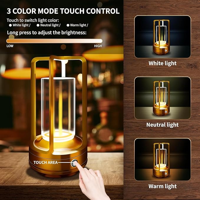 Set of 2 Cordless Table Lamps, LED Rechargeable Table Lamp with 3 Color Stepless Dimmable, Outdoor Table lamp for Patio/ Camping, Indoord Desk Lamp for Bar/ Coffee/ Home (Gold 2 Pcs)