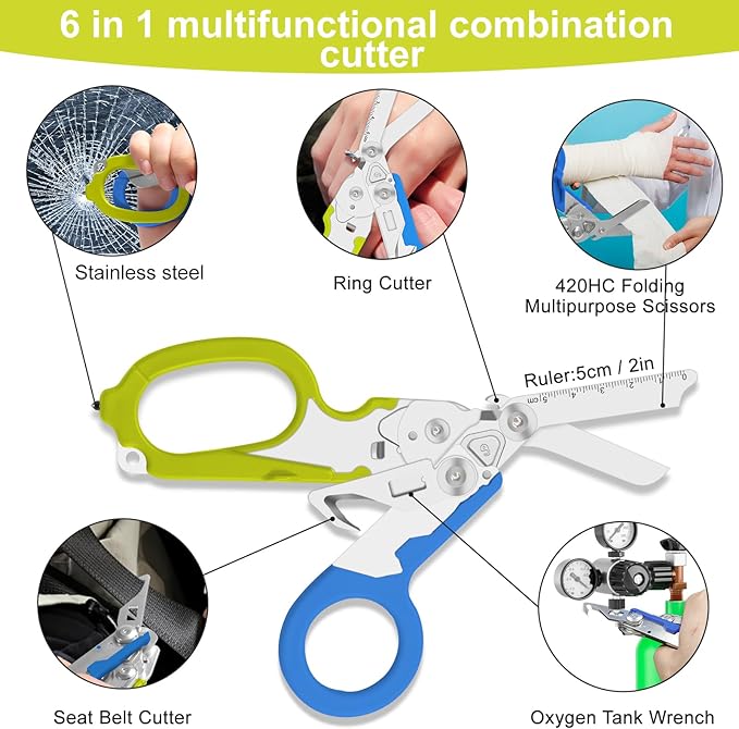 6-in-1 trauma shears - emergency responders, outdoor emergencies, medical staff, and outdoor camping, Gift box packaging with scissors storage K sheaths (blue-green)