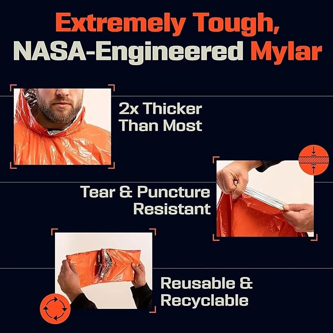 Emergency Poncho with Mylar Blanket Liner for Survival Gear, Waterproof, Wind-Resistant Green Rain Poncho for Outdoors, Camping, and Car Emergency Kits - Thermal Poncho - 4 Pack (Orange)