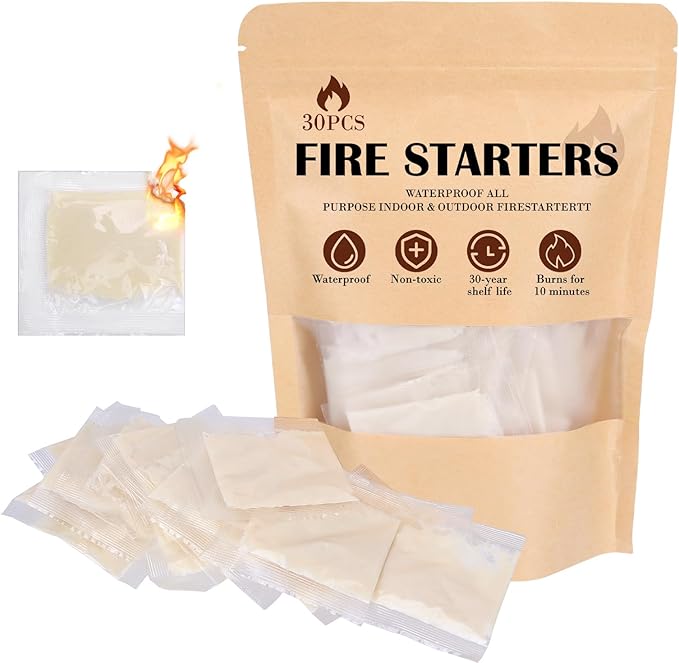 (30 Pcs/Bag) Waterproof Fire Starters for Campfires & Fireplace -Quick Light Charcoal Starter Squares, Odorless Fire Starter for Wood Stove, Grill, BBQ & Non-Toxic - Burns 10 Min