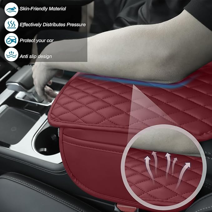 Car Center Console Cover, Upgraded Microfiber Leather Car Arm Rest Cover with 2 Storage Bags, Universal Armrest Cover for Car Storage Box Car Interior Accessories Protector for Most Vehicle-Red