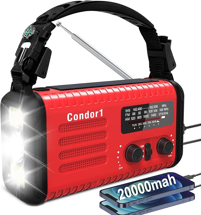 20000mAh Emergency Weather Radio, Solar Hand Crank Portable AM/FM/NOAA Radio with Flashlight, Reading Lamp, SOS Alarm, USB-C Cell Phone Charger for Home Outdoor Survival-Red