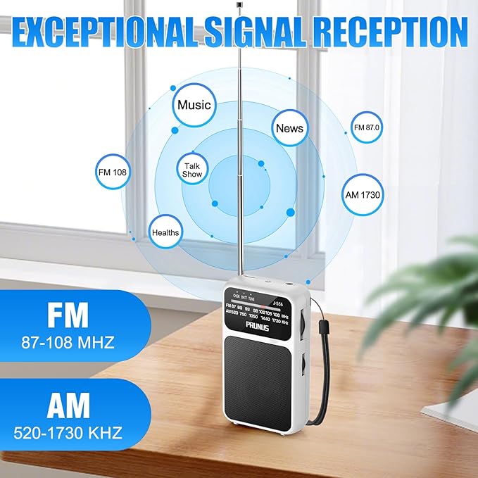 PRUNUS J-555 Pocket Radio AM FM USB-C Charging& Battery Operated, Excellent Reception& Clear Speaker and Headphone Jack, Back Clip, Flashlight, Transistor Radio, Portable Radios AM FM, Mini Radios