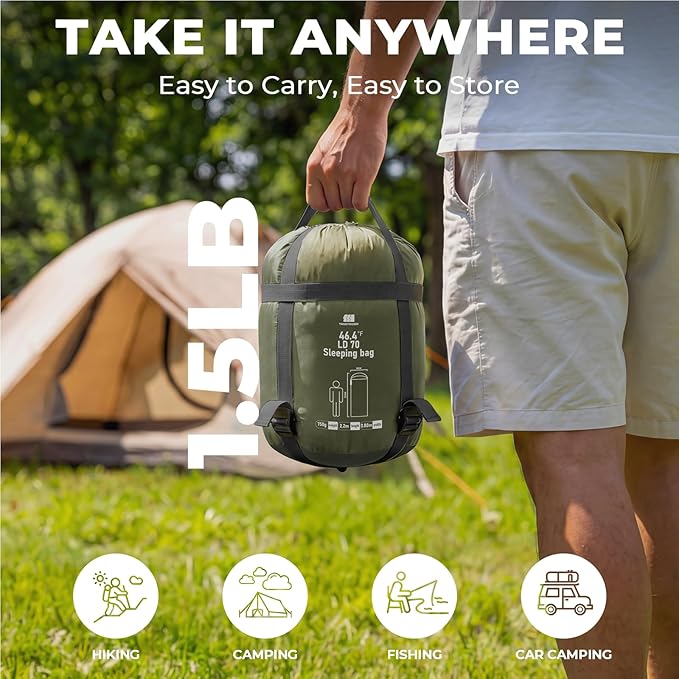 Ultralight Warm Weather Sleeping Bag - Portable, Waterproof, Compact Lightweight, Comfort with Compression Sack - Great for Outdoor Camping, Backpacking & Hiking