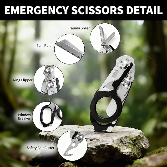6-in-1 Multifunctional Trauma Shears, Foldable Scissors with Seatbelt Cutter, Ring Cutter & Glass Breaker, Heavy Duty Stainless Steel for Medical, First Aid & Survival