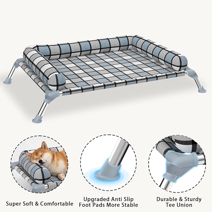 Elevated Pillow Bolster Dog Bed - Raised Dog Beds with Bolster Portable Lifted Washable Pet Cot Bed with Stainless Steel Frame Dogs Hammock Bed for Indoor & Outdoor (Bolster M)