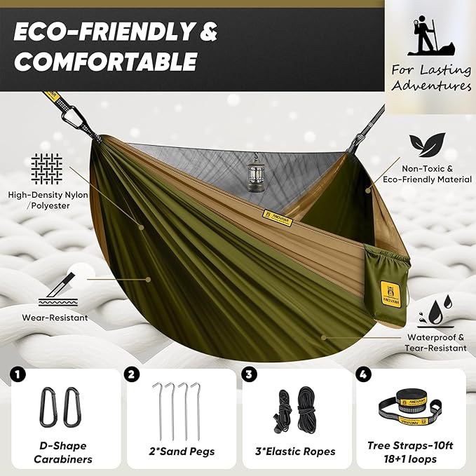 Camping Hammock with Mosquito Net, 600 lbs Portable Hammock with Tree Straps,2-in-1 Double/Single Travel Hammocks Tent for Outside/Indoor/Backpacking/Beach-Green&Khaki