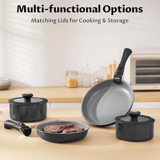 BEZIA Induction Cookware with Healthy Ceramic Coating, Camping Pots and Pans Set Nonstick 10pcs with Detachable Handles, Induction RV Kitchen Set with Removable Handles, Oven Safe