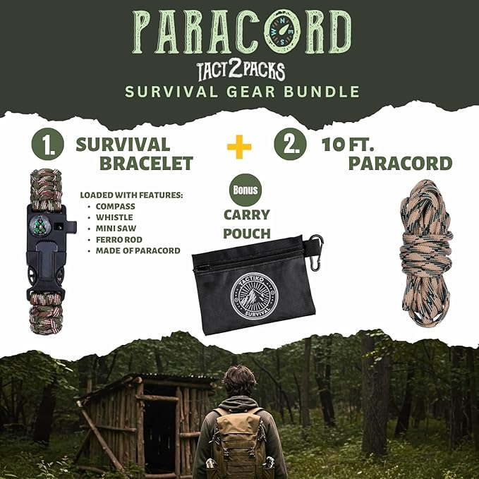 Tactiko Survival Bracelet & 10' Paracord Bundle – Fire Starter, Compass, Emergency Whistle, Mini Saw - Tactical Outdoor Survival Gear for Camping, Hiking, and Emergency Kits - U.S. Company
