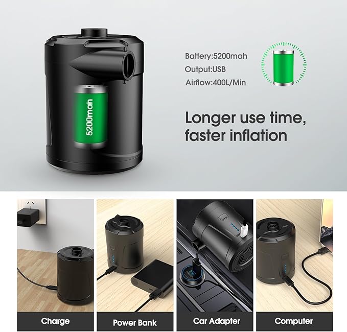 Air Pump for Inflatables,Air Mattress Pump,5200mAh Battery,Camping Essentials,Electric Air Pump,4 Air Nozzles,Fast Inflator Deflate for Inflatable mat,Air Mattresses Beds,Pool Floats,Vacuum Storage