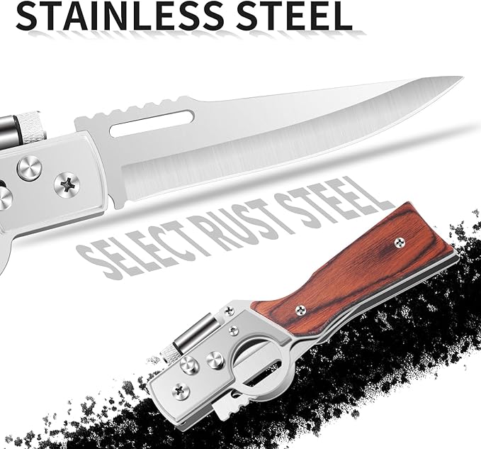 AK47 Style Tactical Folding Knife 6-Pack – Bulk Set with LED Light, Wood Handle, Laser Engraving Ready, Best Man Gifts, Outdoor Camping Hiking Gear for Groups (6)