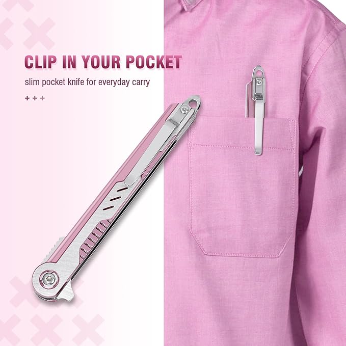 FUNBRO Pink Pocket Knife for Women - Slim EDC Knife with 7CR13Mov Steel Tanto Blade, Clip and Glass Breaker - Womens Knife for Self Defense - Cute Girl Survival Tool Pocket & Folding Knives